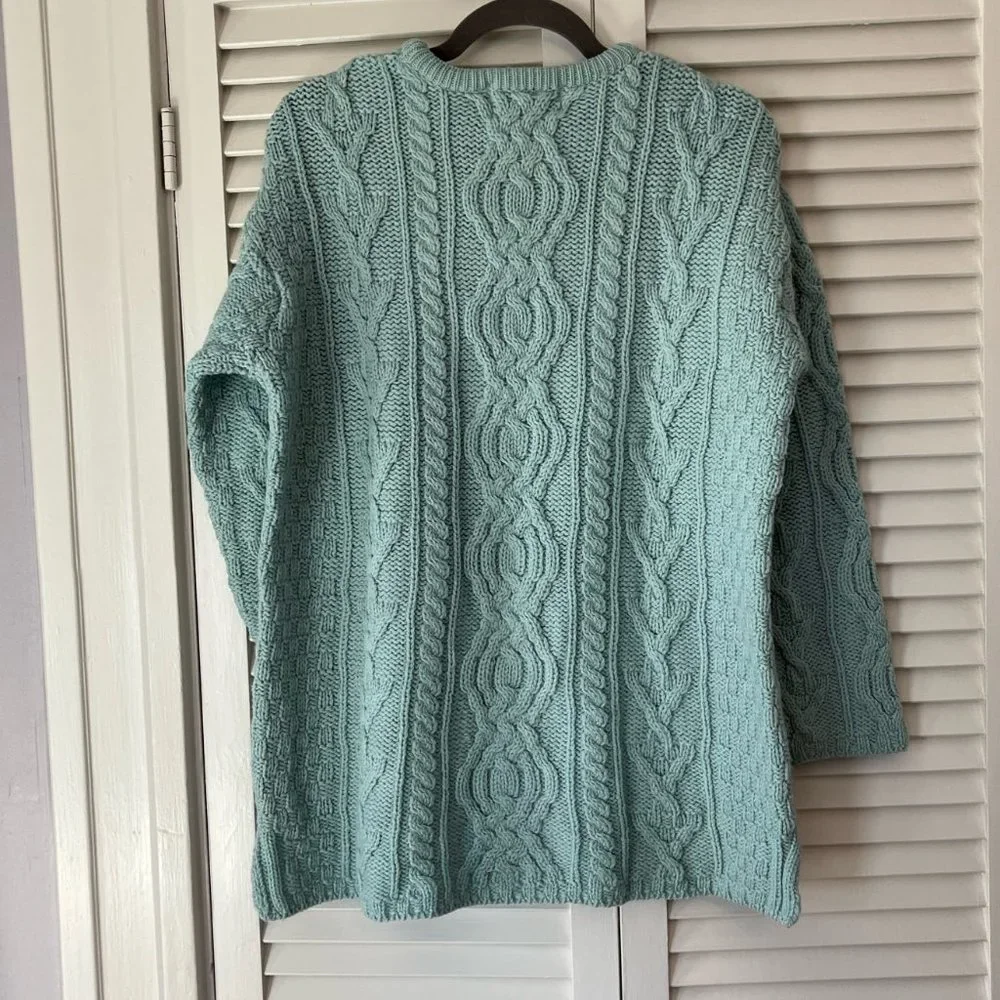 Aran Crafts 100% merino wool cable knit sweater medium seafoam green - Picture 5 of 5